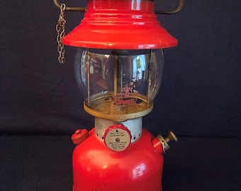 Red Coleman 200A Camping Lantern 1954 W/1930s Pyrex Globe Etched