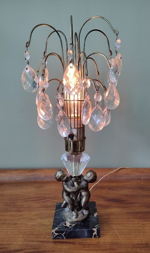 Vintage Hollywood Regency Bronze Cherubs Waterfall Crystal