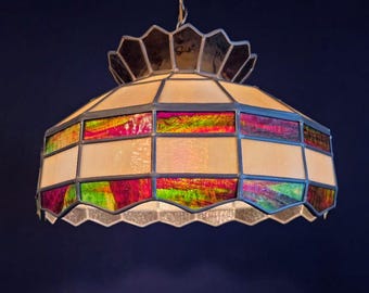 Vintage Tiffany Styled Slag Stained Glass Hanging Ceiling Fixture - Hard Wired