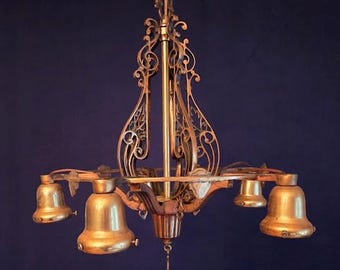Antique Heavy Cast Bronze Chandelier, 5 light Victorian/Art Nouveau Brass Ceiling Light Fixture,  Floral filigree Hanging Lamp, Circa 1900