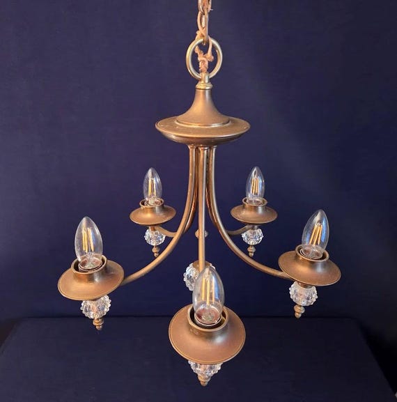 Vintage Mid-Century Italian Five-Light Brass Chandelier w/Crystal Accents.