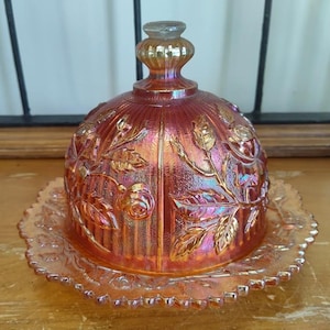 Vintage Imperial Rose Pattern Dome Lid Covered Butter Dish -Marigold Carnival Glass