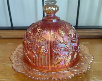 Beurrier couvert en forme de dôme à motif de roses impériales vintage - Verre Carnaval Souci