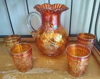 vintage Dugan Floral & Grape Carnaval en verre et 4 gobelets/tasses à raisins - Souci