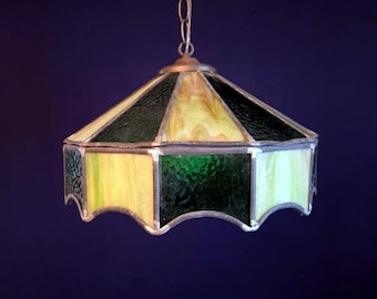 Vintage Slag Stained Glass Hanging Ceiling Fixture Swag w/Chain & Plug - Works!