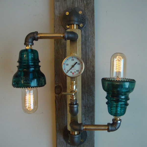 Steampunk Lamp Wall Sconce , Industrial St eaAge, Edison Bulbs, Antique Glass Insulators, Brass, Dimmer Switch