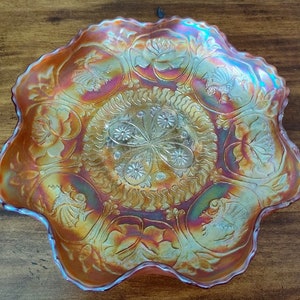 Rare Vintage Fenton Marigold Carnival Glass  Dragon & Lotus Spatula Footed Bowl