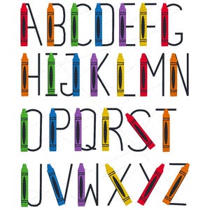 May include: A colorful alphabet design featuring letters A through Z. Each letter is formed with a black outline and filled with a crayon illustration in various colors, including red, orange, green, blue, and yellow. The background is white.