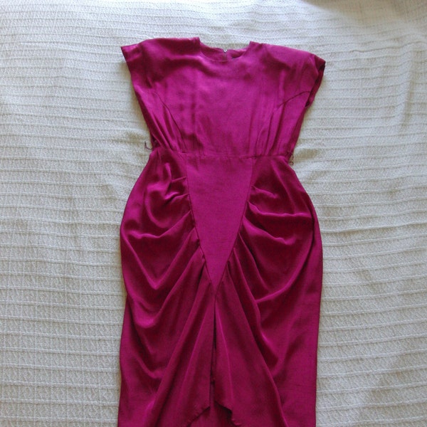Vintage 1980's Petite Jazz Fucshia Power Dress sz. 8P BIG Shoulder Pads Glamour