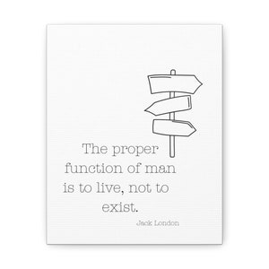 Könnte beinhalten: Schwarz-weiß-Illustration eines Wegweisers mit drei Pfeilen, die in verschiedene Richtungen zeigen. Unter dem Wegweiser steht das Zitat "Die eigentliche Aufgabe des Menschen ist es zu leben, nicht zu existieren." von Jack London.