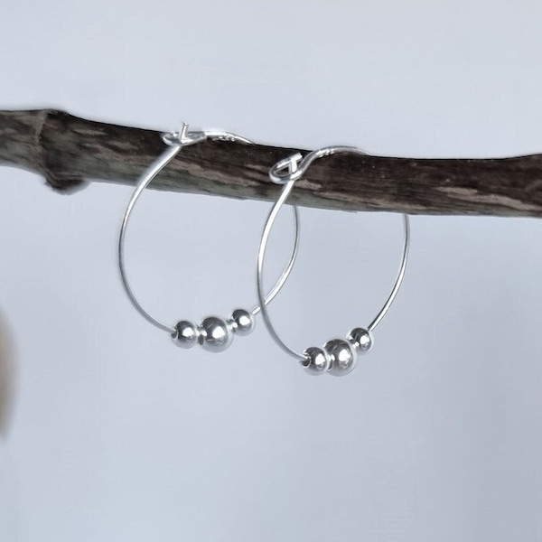 Sterling silver beaded hoop earrings, 20mm hoops with 3mm and 4mm silver beads, minimalist earrings, gift for her, birthday gift