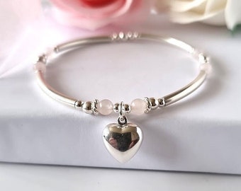 Sterling silver noodle and rose quartz beaded stretch bracelet with large 12mm puffed heart, stacking bracelet, gift for her