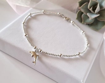 sterling silver satellite anklet with dolphin, sterling silver beaded anklet with detailed dolphin charm, beach and holiday, gift for her,