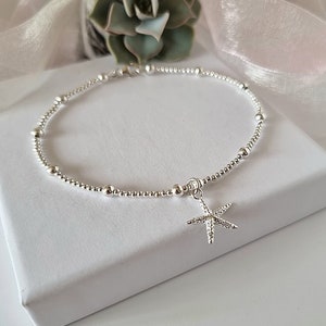 Sterling silver beaded satellite anklet with starfish, sterling silver beaded anklet with large starfish dangle beach, holiday gift for her,