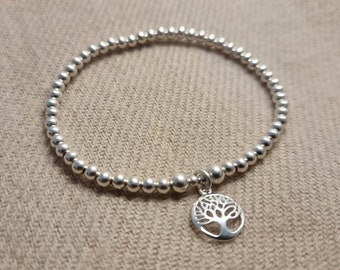 Sterling silver beaded bracelet with detailed tree of life charm, stacking bracelet, bridesmaid gift, birthday gift, gift for her