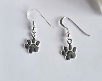 Sterling silver paw print drop earrings, solid detailed paw print dangle earrings, dog lovers earrings, pet lovers earrings, gift for her