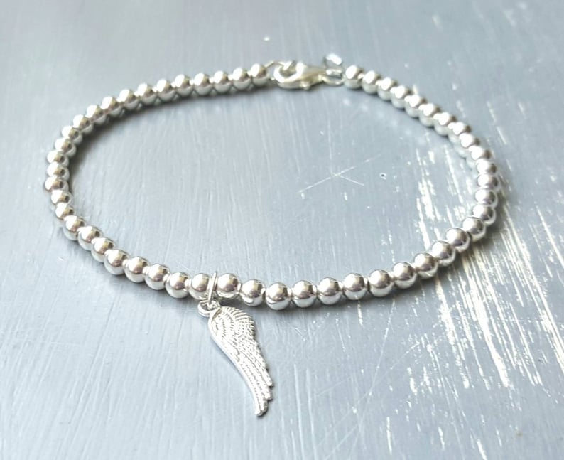 4mm sterling silver beads gift for her Sterling silver beaded bracelet with angel wing charm birthday gift 20mm angel wing charm