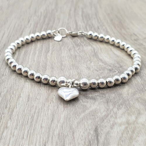 Sterling Silver Bead Bracelet With Outline Heart Charm Etsy UK