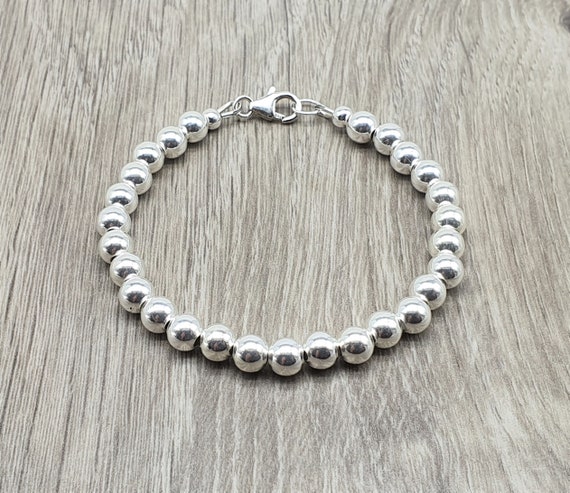 アクセサリー Silver Beaded Bracelet / Medium Sterling Silver Beaded Bracelet With Lobster Claw Clasp, 6mm
