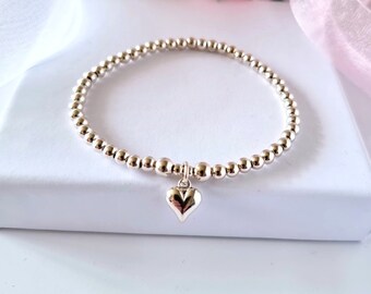 Sterling silver 4mm beaded stretch bracelet with puffed heart charm, stackable bracelet, birthday gift, valentine gift, bridesmaid gift