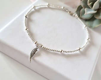Sterling silver satellite anklet with angel wing, sterling silver beaded anklet with detailed angel wing charm, gift for her, holiday gift