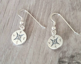 Sterling silver compass drop earrings, antique detailed compass charms on shepherd hooks, Christmas gift, gift for mum, gift for her,