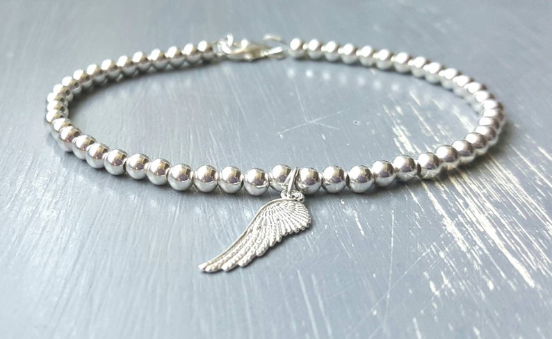4mm sterling silver beads gift for her Sterling silver beaded bracelet with angel wing charm birthday gift 20mm angel wing charm