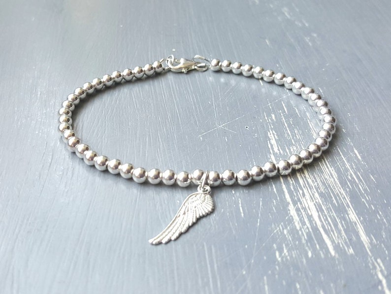 4mm sterling silver beads gift for her Sterling silver beaded bracelet with angel wing charm birthday gift 20mm angel wing charm