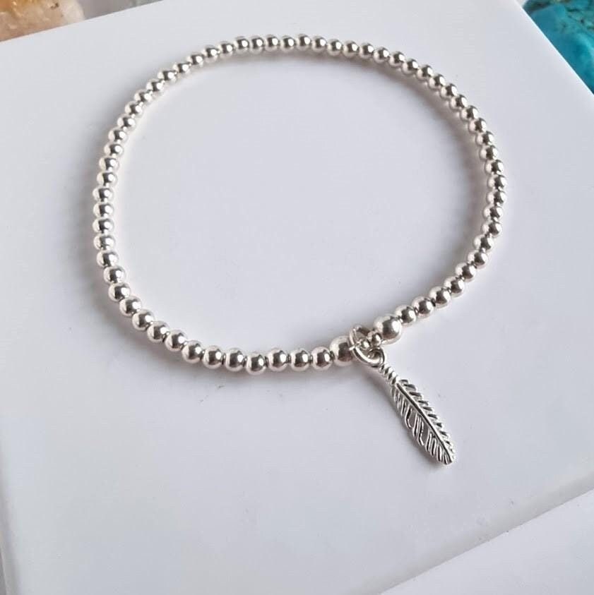 Sterling silver 3mm beaded stretch bracelet with detailed feather charm, silver beaded bracelet, stacking bracelet, valentine gift for her