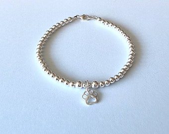 Paw print beaded clasped  bracelet,  4mm sterling silver beaded bracelet with paw print, stacking bracelet, dog lovers gift, gift for her