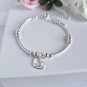 Sterling silver beaded adjustable bracelet with ball slider clasp and 2 hearts, 4mm silver beads, bridal bracelet, gift for her