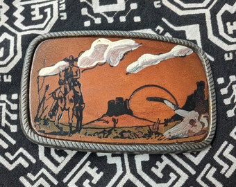 Western Cowboy & Horse Hand Painted Embossed Leather Vintage Belt Buckle