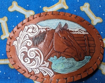 Embossed Leather Horse Handmade Belt Buckle