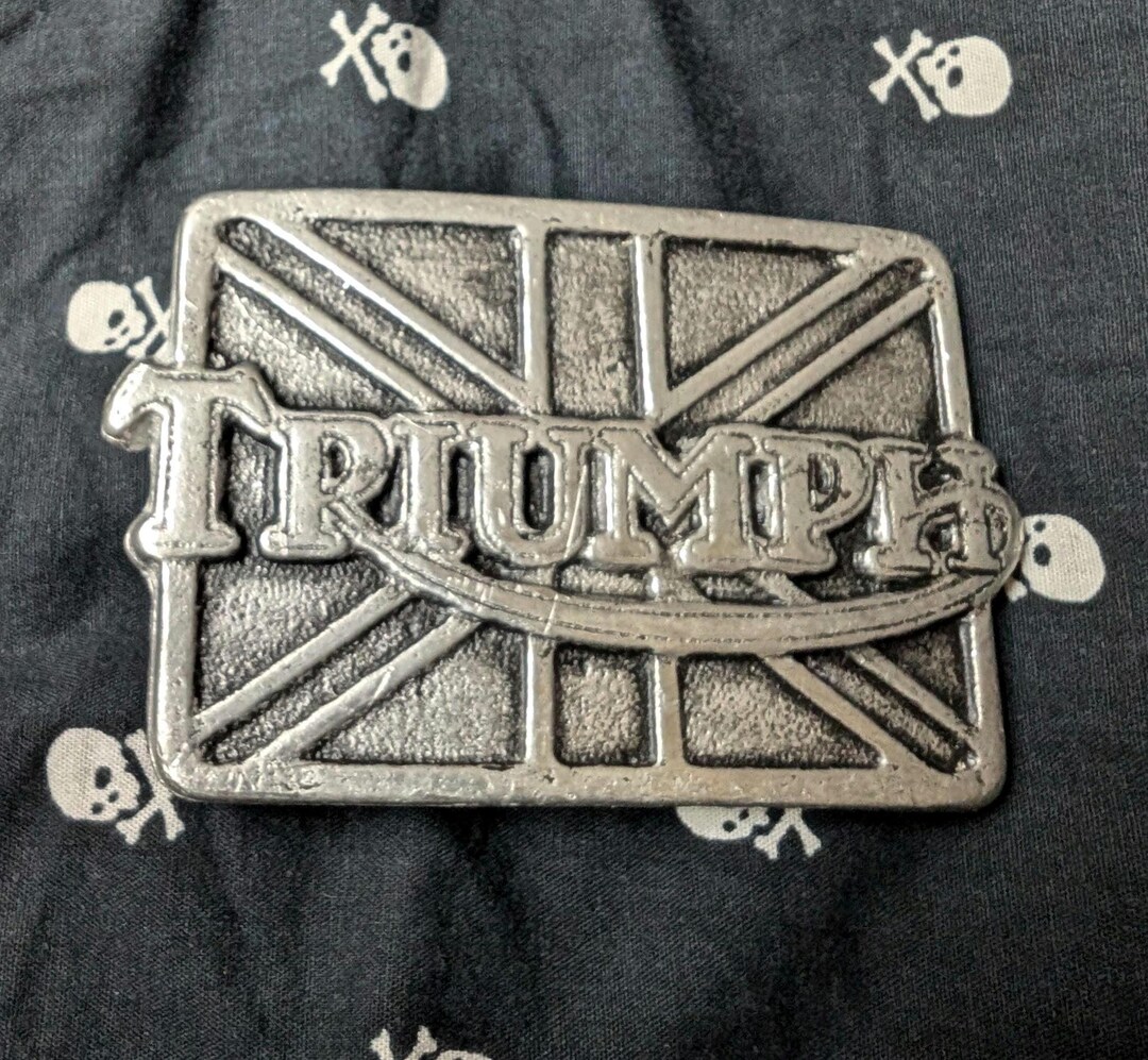 Triumph Motorcycles Logo & British Flag Vintage Pewter Belt Buckle