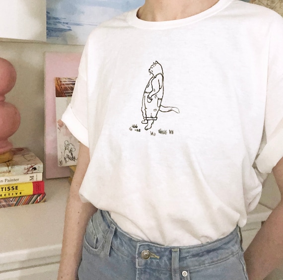 Cat wearing overalls graphic hand printed t shirt