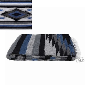 Mexican Diamond Blanket - Grey Black Blue | Yoga Blanket Thick XL | Oaxaca Blanket / Baja Blanket Mexican Throw | Aztec Navajo Style Blanket