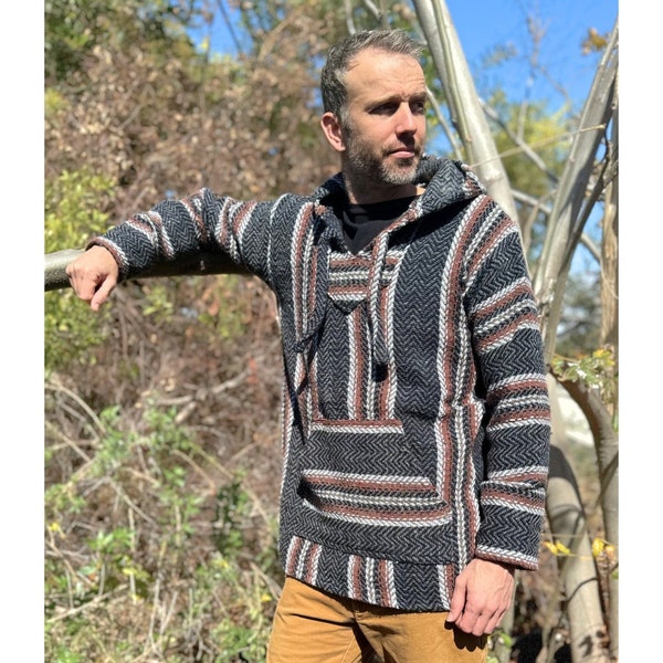 Mexican Poncho Baja Hoodie | Hooded Sweater | Handmade in Mexico | Dark Grey Rust Mexican Hoodie with Stripes | Drug Rug