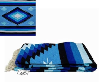 Mexican Diamond Blanket Blue White | Thick XL Mexican Yoga Blanket Sky Blue- Oaxaca Blanket/Baja Blanket Mexican Throw blanket- Aztec Navajo