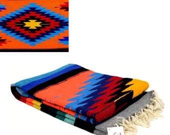 Mexican Diamond Blanket Orange| Thick XL Mexican Yoga Blanket Tangerine | Southwest Blanket | Baja Blanket Mexican Throw | Aztec Navajo