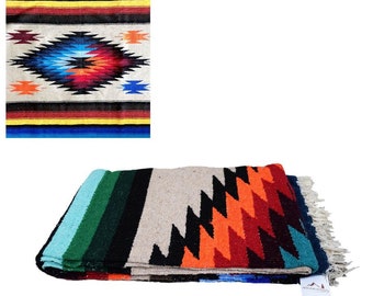 Mexican Diamond Blanket - Beige Multicolor | Southwest Blanket | Thick Yoga Blanket | Baja Blanket | Throw for Couch or Bed | Outdoor