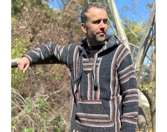 Mexican Poncho Baja Hoodie | Hooded Sweater | Handmade in Mexico | Dark Grey Rust Mexican Hoodie with Stripes | Drug Rug