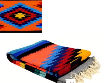 Mexican Diamond Blanket - Orange Multicolor | Southwest Blanket | Thick Yoga Blanket | Baja Blanket | Throw for Couch or Bed | Outdoor