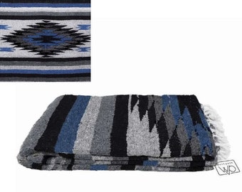 Mexican Diamond Blanket - Grey Black Blue | Yoga Blanket Thick XL | Oaxaca Blanket / Baja Blanket Mexican Throw | Aztec Navajo Style Blanket