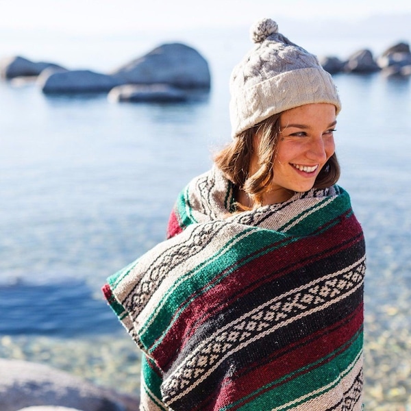 Mexican Baja Blanket Maroon & Green | Yoga Savasana Blanket | Heavyweight Meditation Blanket | Travel Blanket | Bohemian Wall Tapestry