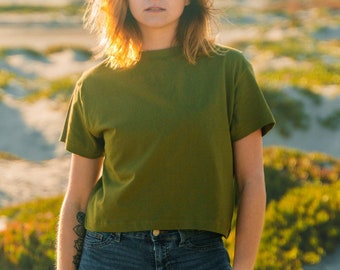 Women&#39;s Boxy Tee - Olive Green Sage - Organic Tee Shirt - 100% Cotton Tshirt - Cropped T Shirt -  GOTS Tshirt Crop Top Size XS, S, M, L, XL