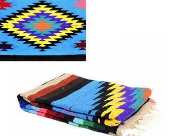 Mexican Blanket Sky Blue Diamond | Yoga Blanket Thick XL | Southwest Blanket | Baja Mexico Blanket Mexican Throw | Aztec Diamond Stripe