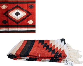 Mexican Diamond Blanket Rust Red Black | Thick XL Mexican Yoga Blanket Amber | Southwest Blanket | Baja Blanket Mexican Throw | Aztec Navajo