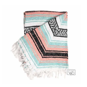 Mexican Blanket Mint Peach | Mexican Throw Blanket | Yoga Blanket | Falsa Tapestry Baja Blanket from Mexico | XL Serape Blanket - Pink Falza
