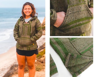 Mexican Poncho Baja Hoodie | Hooded Sweatshirt | Made in Mexico | Olive Green Mexican Hoodie with Stripes | Earth Tone Hoodie- Oaxaca Hoodie