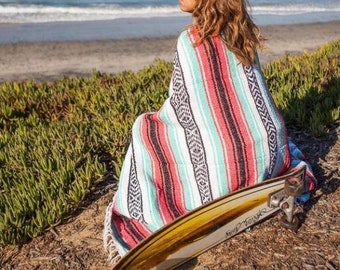 Mexican La Playa Blanket Seafoam Green and Coral | Lightweight Yoga Blanket | Savasana blanket | Boho Throw | Wall Tapestry | Falsa Blanket